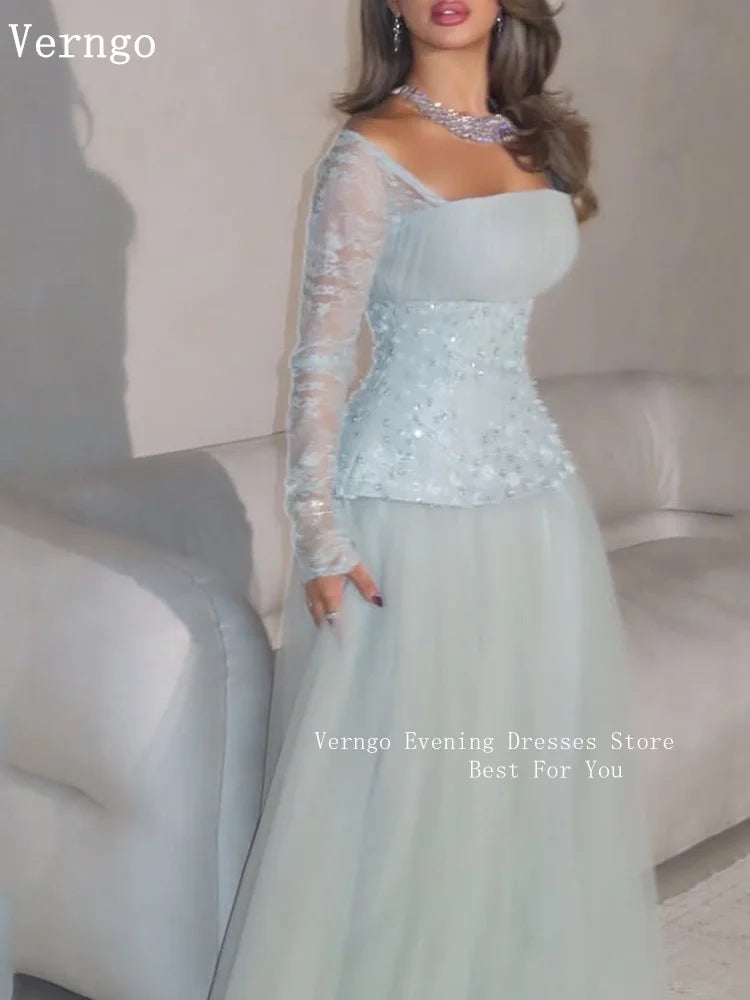 Verngo Mint Green Tulle Evening Dress Sequined Square Collar Full Sleeves A Line Prom Gowns Saudi Arabia Party Dress Customized