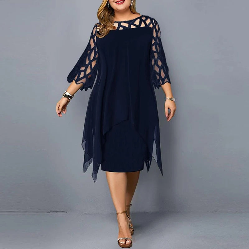 Solid Round Neck Three-Quarter Sleeve Hollow Out Regular Fit Straight Knee-Length Chiffon Dress – Spring/Summer Luxegan