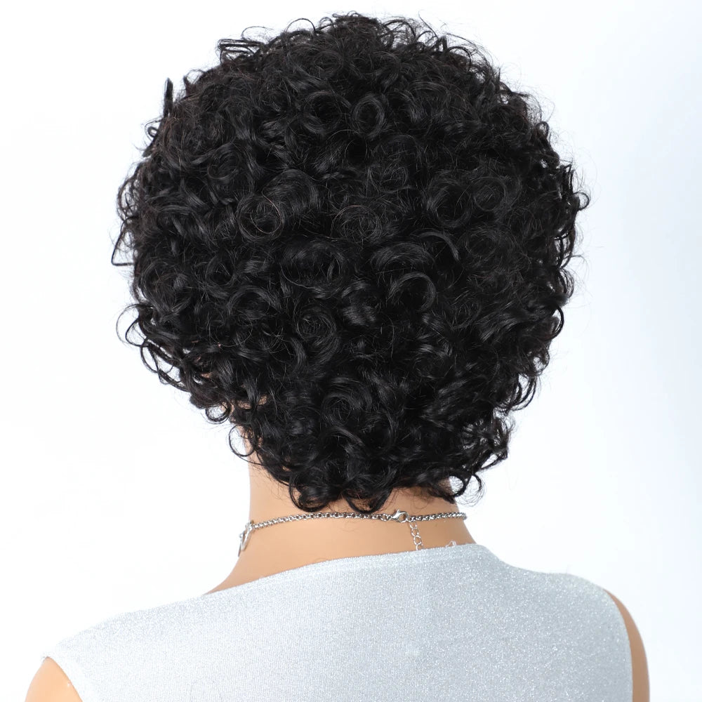 Sleek Short Pixie Afro Kinky Curly Wig with Bangs | Glueless Peruvian Remy Hair Bob Luxegan