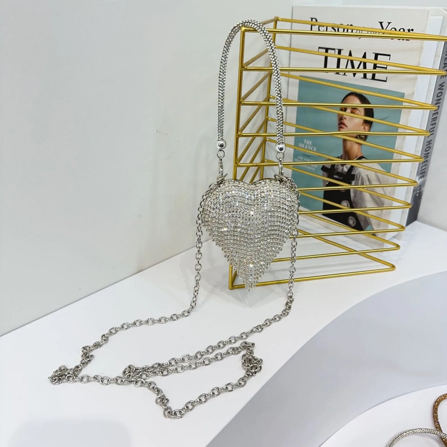 Luxury Mini Heart-Shape Crystal Clutch | Hard Diamond Inlay Evening Party Handbag - view 15