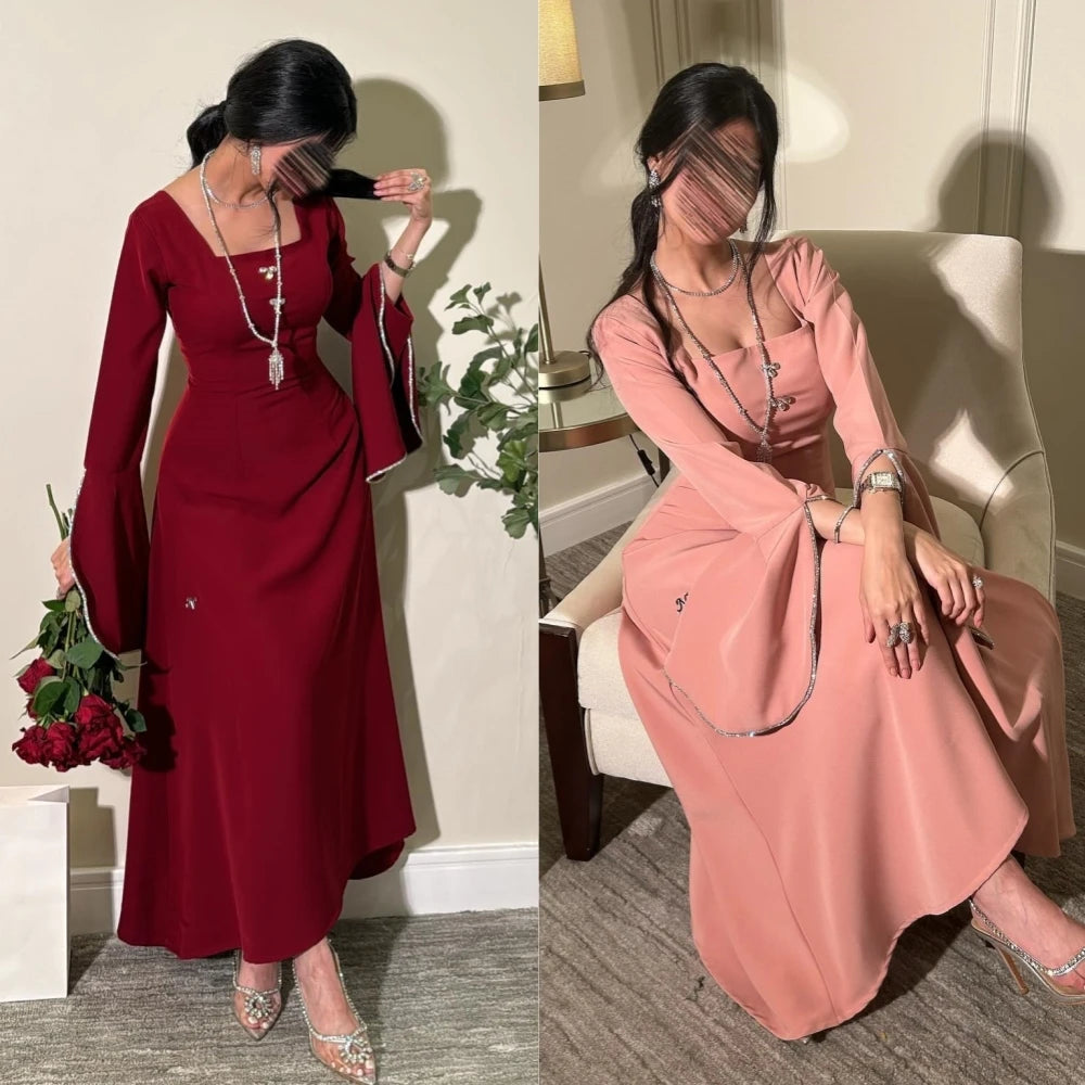 Sequined Square Collar Full-Length Sleeve A-Line Ankle-Length Formal Evening Dress – Polyester Satin, Built-In Bra, Natural Waist Luxegan