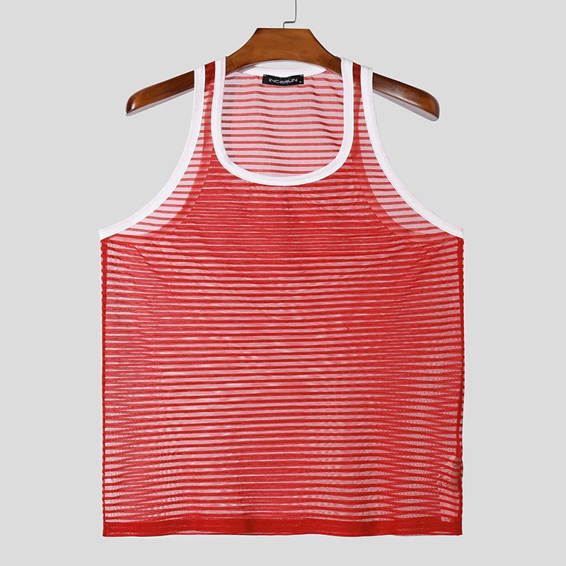 Camisetas informales de moda INCERUN nuevas camisetas sin mangas a rayas transparentes y sexys para hombre, chalecos finos ajustados para discoteca masculina