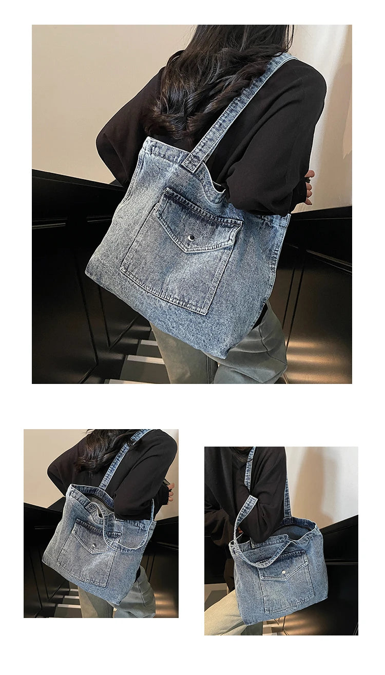 Fashion Luxury Women’s Denim Shoulder Bag | High-Quality Fabric Large Capacity Tote | Sophisticated Multi-Functional Handbag | Fashion-Forward Square Denim Crossbody with Exterior Flap Pocket Luxegan