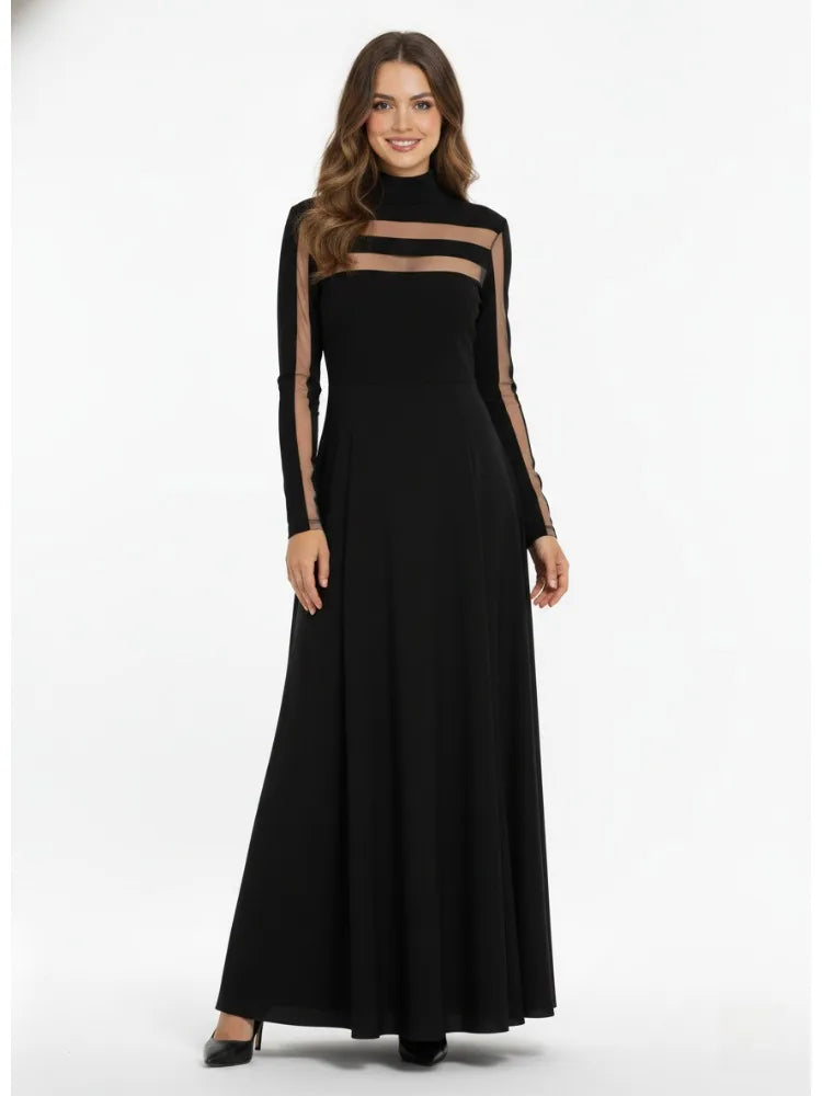 Turtleneck Long Sleeve Mesh See-Through High Waist Flared A-Line Maxi Gown | Elegant Evening Party Dress Luxegan