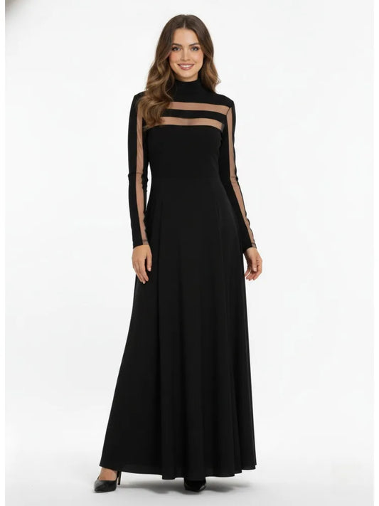 Turtleneck Long Sleeve Mesh See-Through High Waist Flared A-Line Maxi Gown | Elegant Evening Party Dress Luxegan
