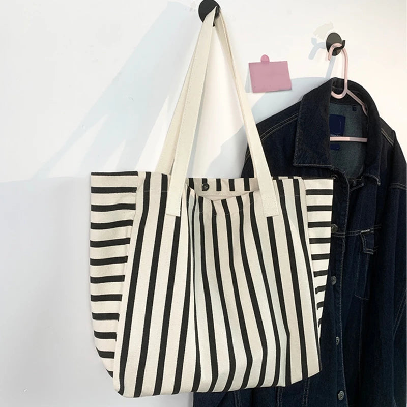 Fashionable Canvas Beach Tote | Large Capacity Striped Shoulder Bag Luxegan