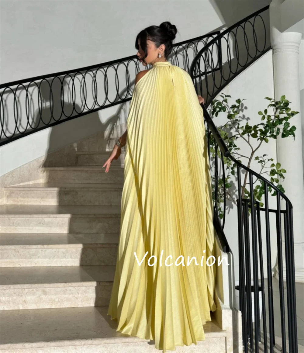 Pleated High Neck Off-the-Shoulder Half Sleeve A-Line Floor-Length Dress – Polyester Jersey, Natural Waist, Built-In Bra Luxegan