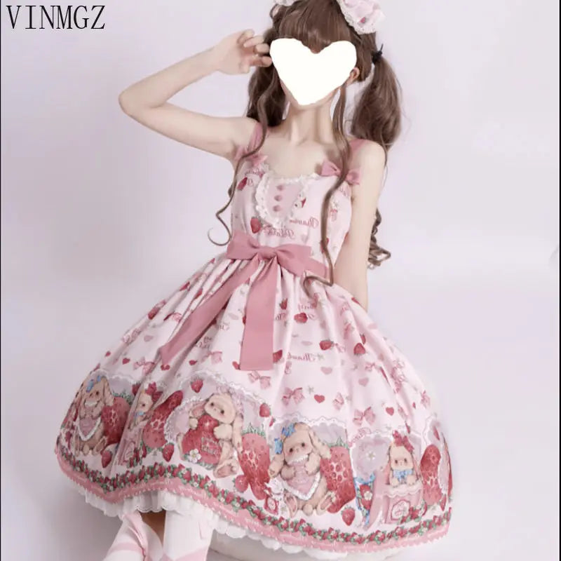 Falling Rabbit Berry Lolita Pink Cute SJK Dress Lolita Big Skirt Girls Birthday Show Cake Dress  birthday dress for women