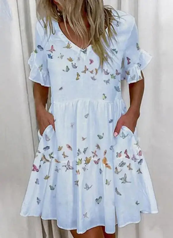 Plaid & Print V-Neck Butterfly Sleeve Regular Fit A-Line Mini Dress – Natural Waist, Spring/Summer Luxegan