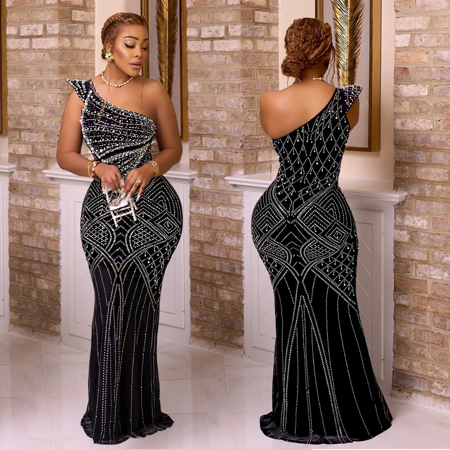 One-Shoulder Skew Collar Hot Drilling Midi Dress | Sleeveless Hip Wrap Sheath Sexy Club Party Dress Luxegan