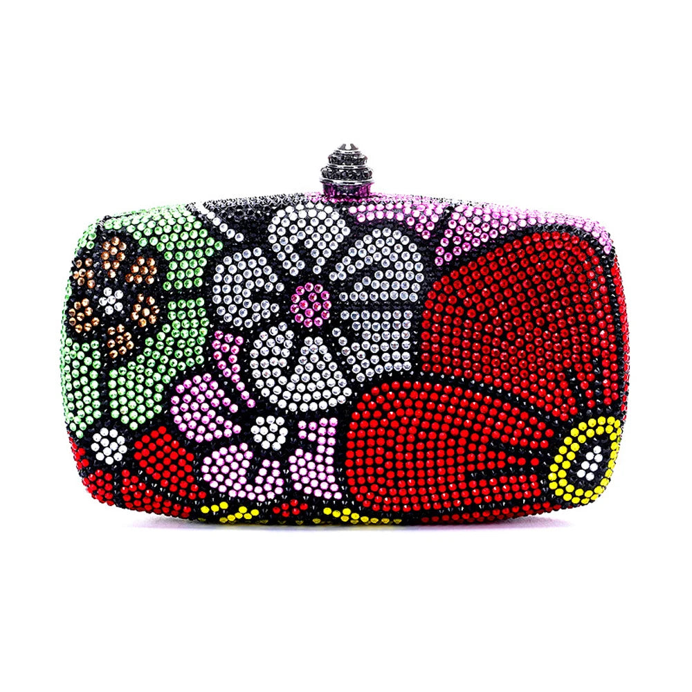 Multi-Flower Rhinestone Clutch | Sophisticated Luxury Diamond Wedding Purse | Elegant Crystal Dinner Handbag | "Dignified" Hard-Shell Designer Minaudière for Formal Party Styling Luxegan