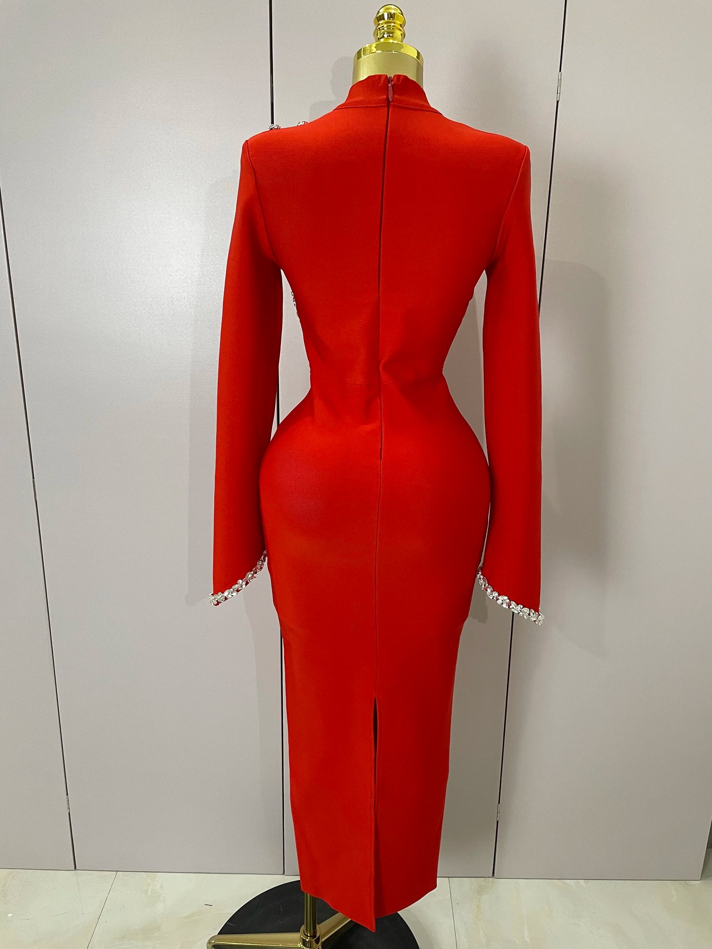 Diamond Appliqué Bodycon Maxi Dress | Long Sleeve High Collar Bandage Evening Dress Luxegan