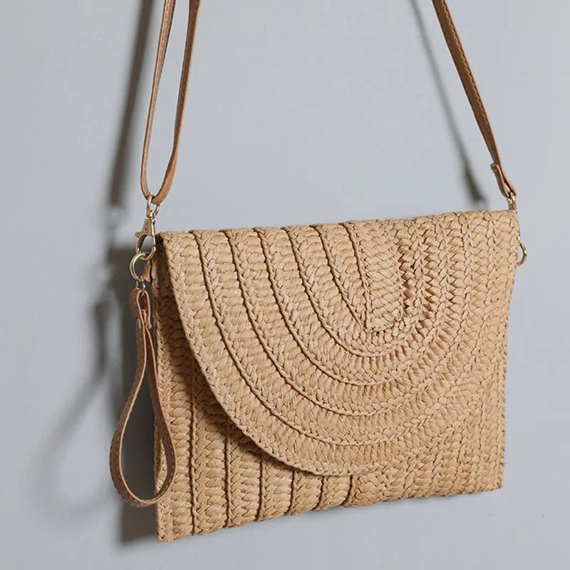 Bolsos de playa de verano para mujer Bolso bandolera de paja hecho a mano con sobre Bolso de hombro trenzado Bolso de mano de vacaciones tejido