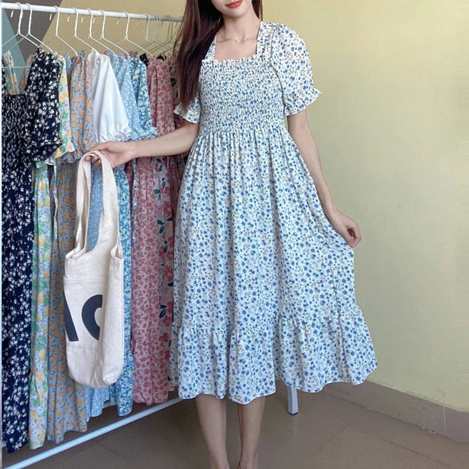 Women's Printed Chiffon Short-Sleeve Dress | Elastic-Waist Pleated A-Line Summer Dress | Slash-Neck Knee-Length Casual Slim-Fit Gown Luxegan