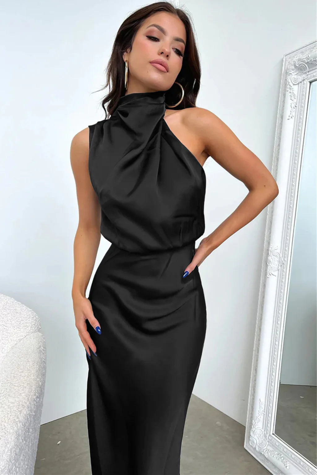 Women's Summer High-End Silk Satin Long Dress | Elegant Celebrity Evening Gown | Luxury Scarf Collar Sleeveless Party Dress | Premium Knit Asymmetrical Slip Maxi Robe Luxegan