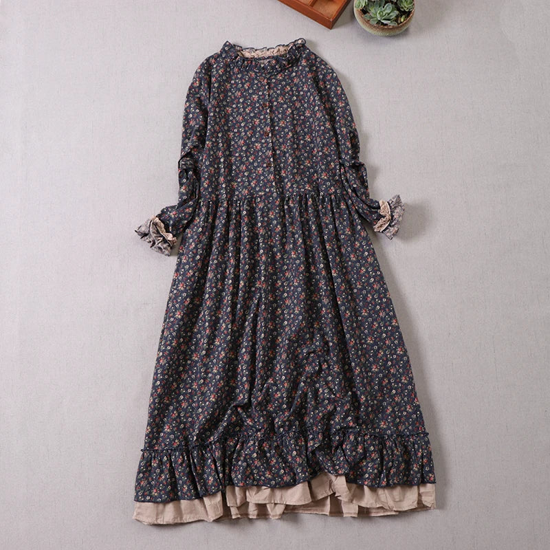 Women's Japanese Mori Girl Vintage Floral Print Dress | Elegant Ruffled Neckline Long Sleeve Cotton Gown | Retro Casual Loose A-Line Robe | Premium Natural Fiber Slight Stretch Ankle-Length Luxegan