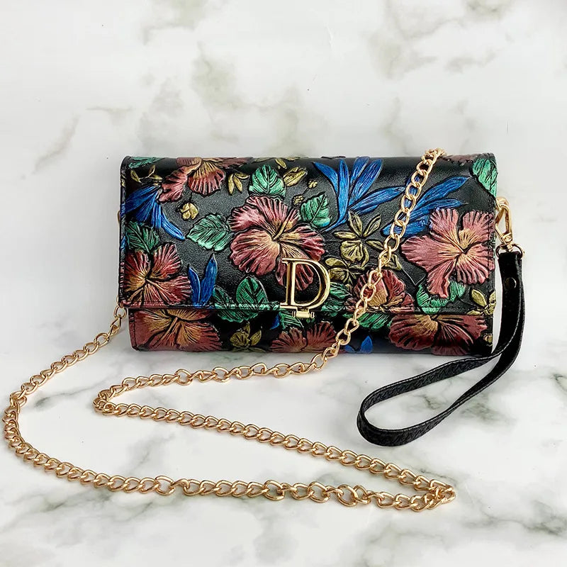 Women’s Floral Leather Crossbody Bag | Multi-functional Long Wallet & Clutch Purse | Stylish Daily Handbag for Four Seasons Luxegan