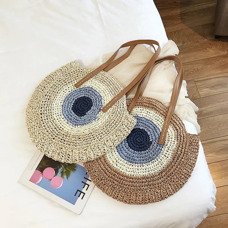 Large Capacity Round Women's Fashionable Straw Woven Shoulder Bag | Handmade Summer Beach Travel Holiday Women Tote Bags Luxegan