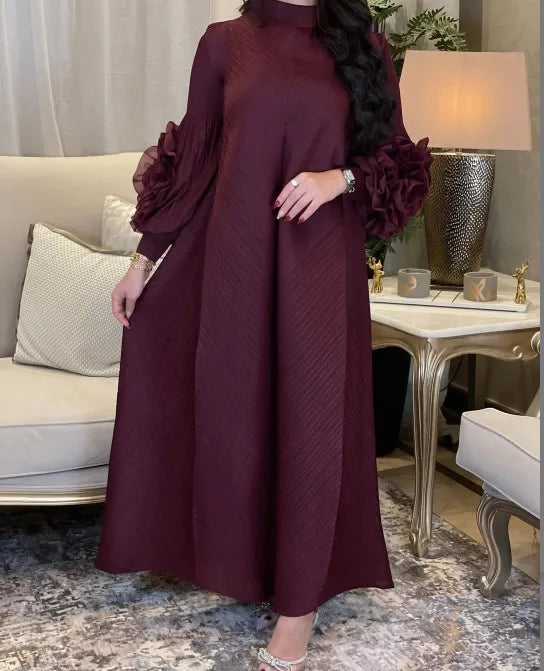 Solid Round Neck Long Sleeve Knotted Flower Trim Loose Fit Mid-Calf Dress – Natural Waist, Summer Luxegan