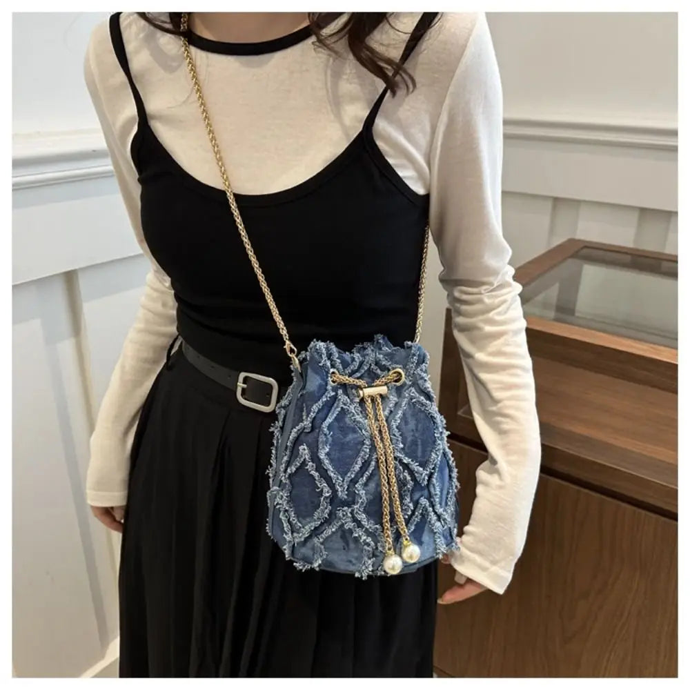 Portable Pearl Denim Bucket Bag | Chain Small Purse Tassel Denim Crossbody Bag | Korean Style Handbag Cloth Shoulder Bag (Casual Tote) Luxegan