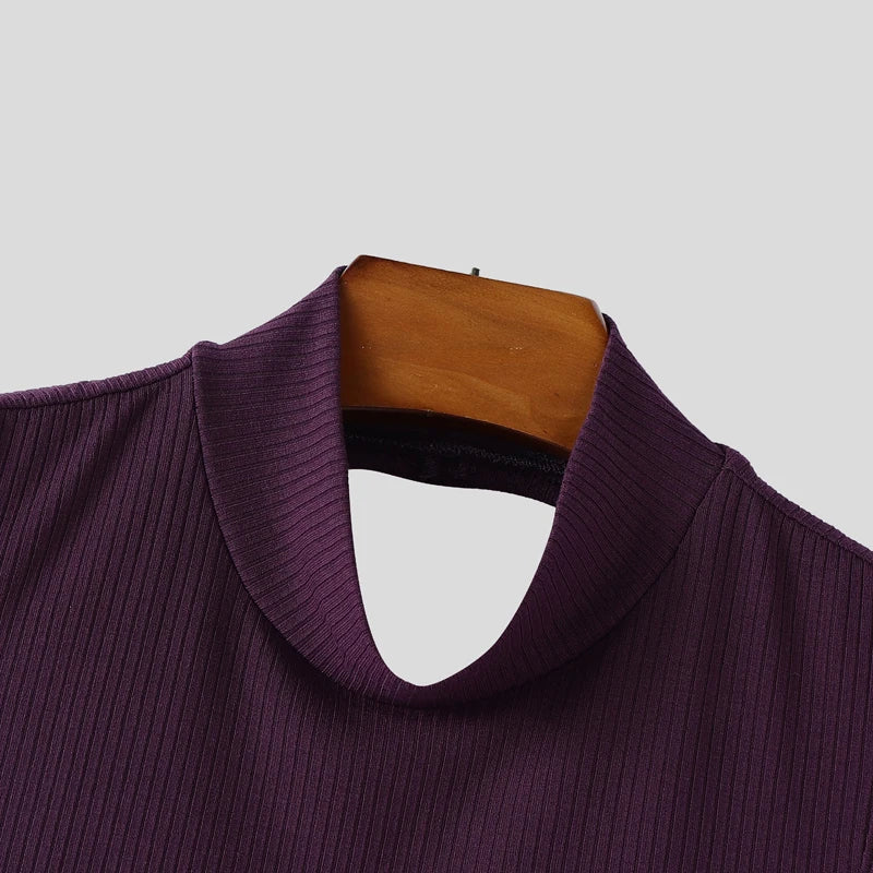 INCERUN Men Tank Tops Knitted Solid Color Turtleneck Sleeveless Male Vests Streetwear Hollow Out Backless Fashion Men Clothing