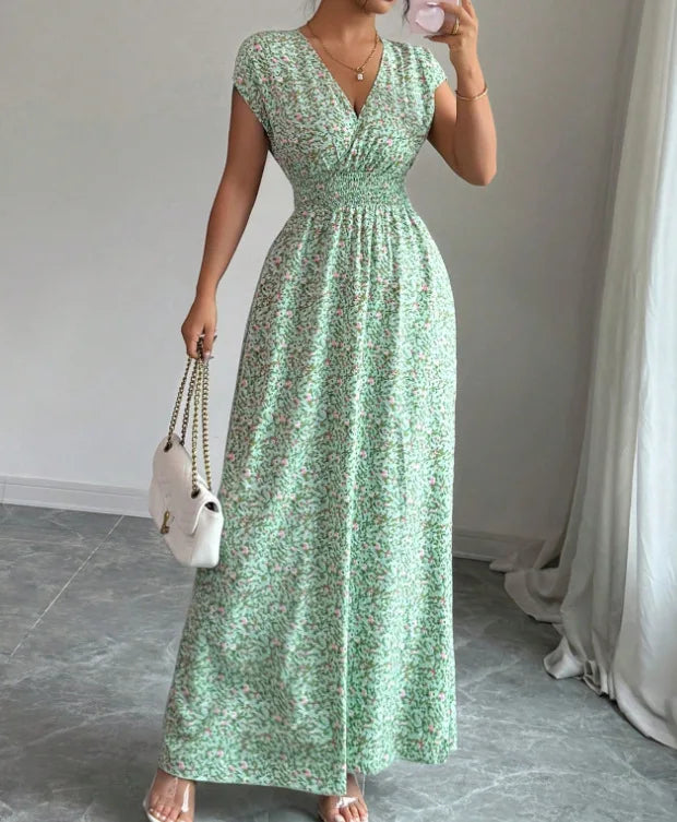Print Casual V-Neck Short Sleeve Regular Fit Loose Knee-Length Dress – Polyester and Cotton, Natural Waist, Spring/Summer Luxegan
