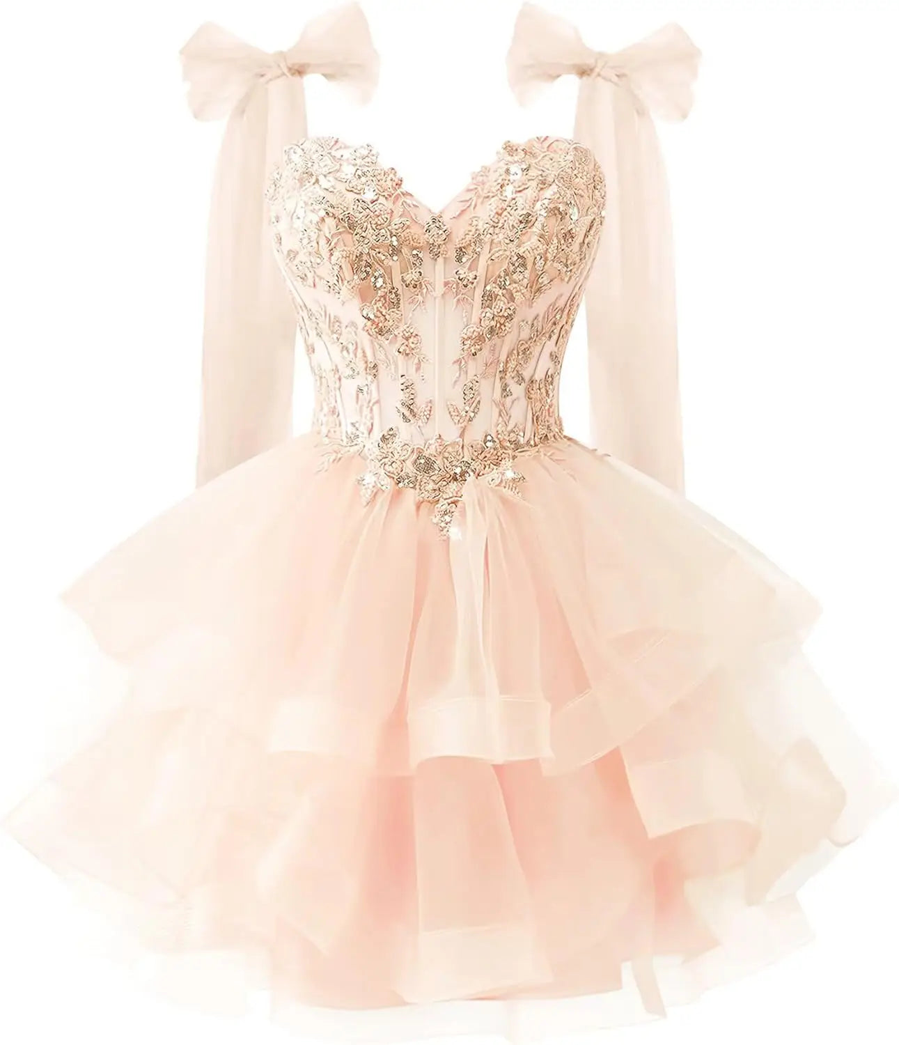 Tiered Tulle Homecoming Dresses Sparkly Lace Applique Bow Straps Short Prom Dress for Teens Cocktail Dress Graduation Dress