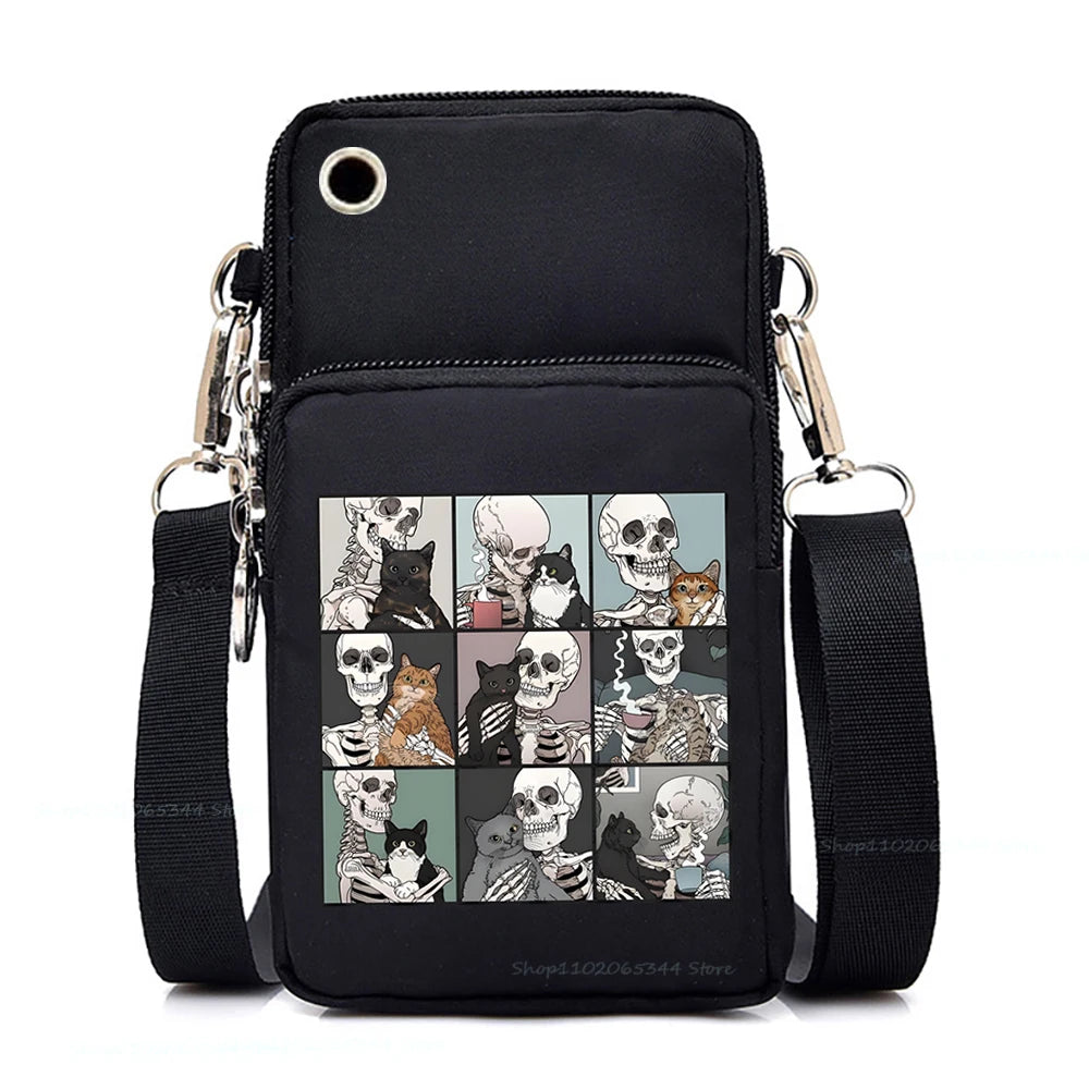 "Dead Inside But Love Cats" Shoulder Bag | Sophisticated Funny Vintage Skeleton Purse | Elegant Cartoon-Print Mobile Phone Bag | "Dignified" Soft Nylon Mini-Handbag for Versatile Casual Styling Luxegan