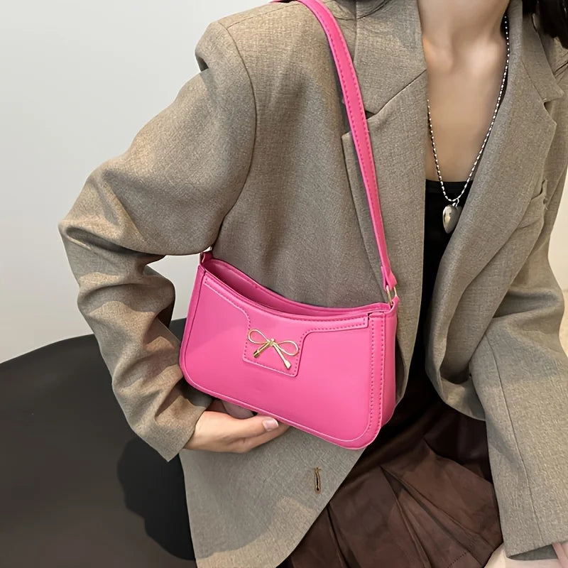 Elegant Solid Color Bowknot Shoulder Bag | Sophisticated Small Square Handbag for Women | Fashion-Forward Sequined Underarm Bag | Trendy PU Leather Casual Tote with Versatile Single Strap Luxegan