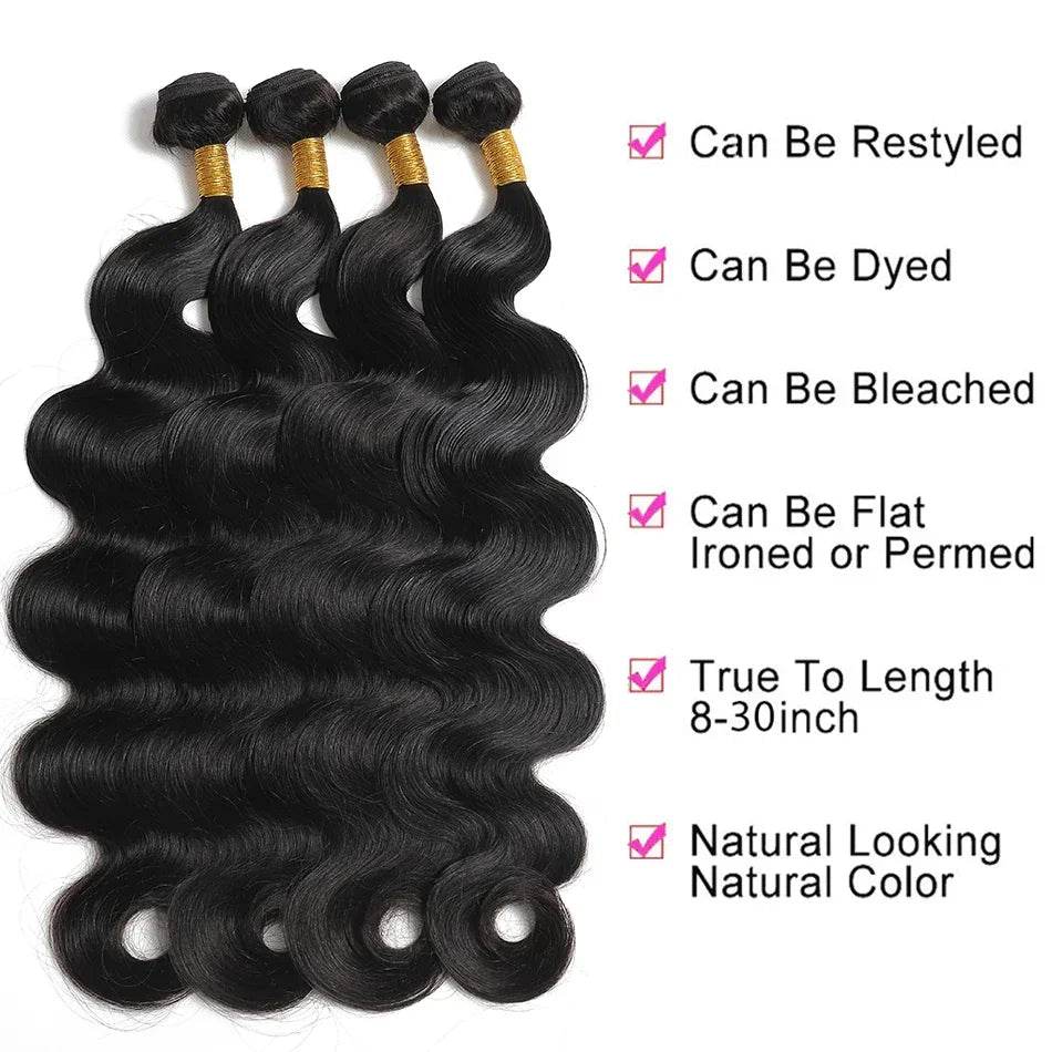 12A Grade Peruvian Body Wave Virgin Human Hair Bundles | 100% Unprocessed Raw Human Hair Weaving | Premium Sew-In Extension Wefts (Up to 30 Inches, Natural Black) Luxegan