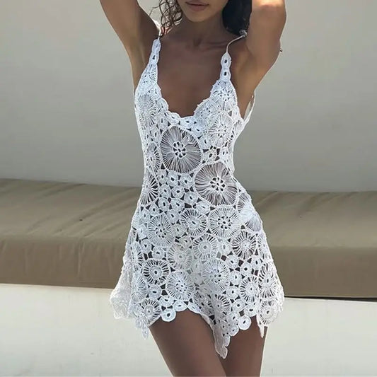 Women's Summer Boho Knitted Crochet Halter Dress | White Hollow-Out Swimsuit Cover-Up Mini Dress | Sexy Backless Irregular Hem Beach Gown | Premium Acrylic Slight Stretch Slim Fit A-Line Vestido Luxegan