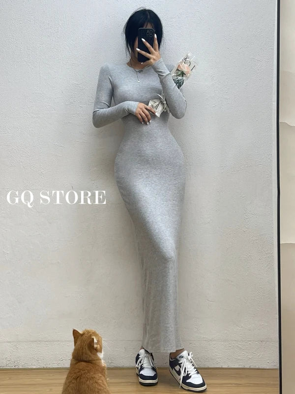 Women's Elegant High Street Long Sleeve Maxi Dress | Simple Korean Style Slim Fit Ankle-Length Robe | Soft Autumn/Winter Solid Color A-Line Gown | Premium Ruffle Empire Waist Model Carbon Ash Luxegan
