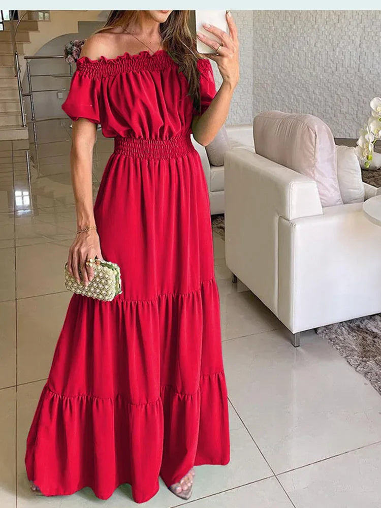 Solid Bohemian Slash Neck Short Sleeve Loose A-Line Ankle-Length Dress – Slight-Stretch Polyester-Elastane Blend, Natural Waist, Summer Luxegan