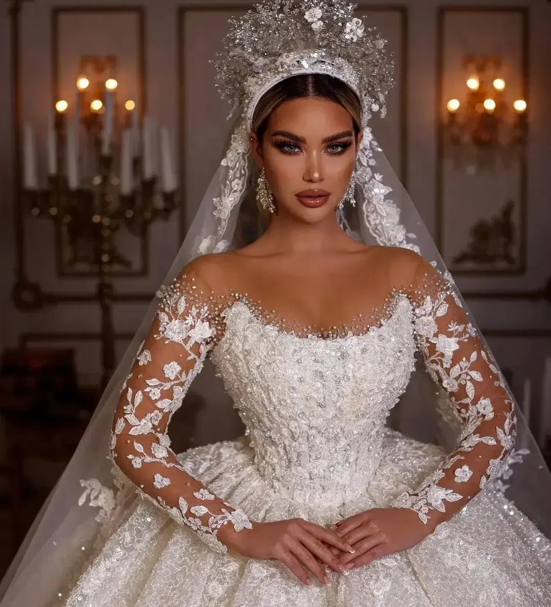 Luxury Long Sleeve Tulle Wedding Dress for Bride | Shiny Sequins Beads Sheer V-Neck Gown | Premium Lace Pearls Appliques Bridal Dress | Classic Backless A-Line Sweep Train Pregnancy-Friendly Dress Luxegan