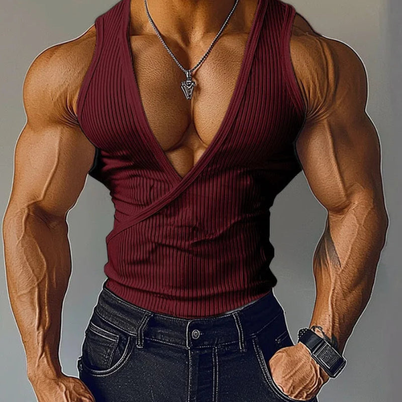 Slanted Collar Texture Deep-V Vest | Sophisticated American Style Diagonal Silhouette | Elegant "Deep-V" Summer Streetwear | "Dignified" Textured Tank Top for Radiant Versatile Styling Luxegan