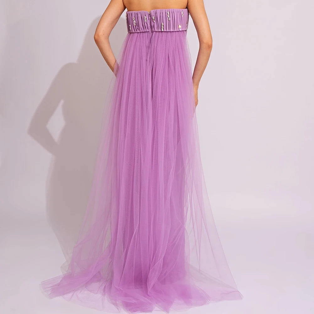 Crystal Draped Backless Mermaid Evening Gown | Strapless Sleeveless Floor-Length Prom Dress Luxegan