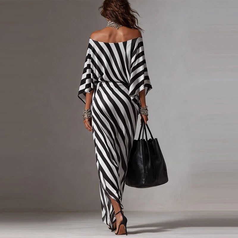 Off-Shoulder Half Sleeve Printed Loose Boho Midi Dress | Elegant Beach Holiday Maxi Dress Luxegan