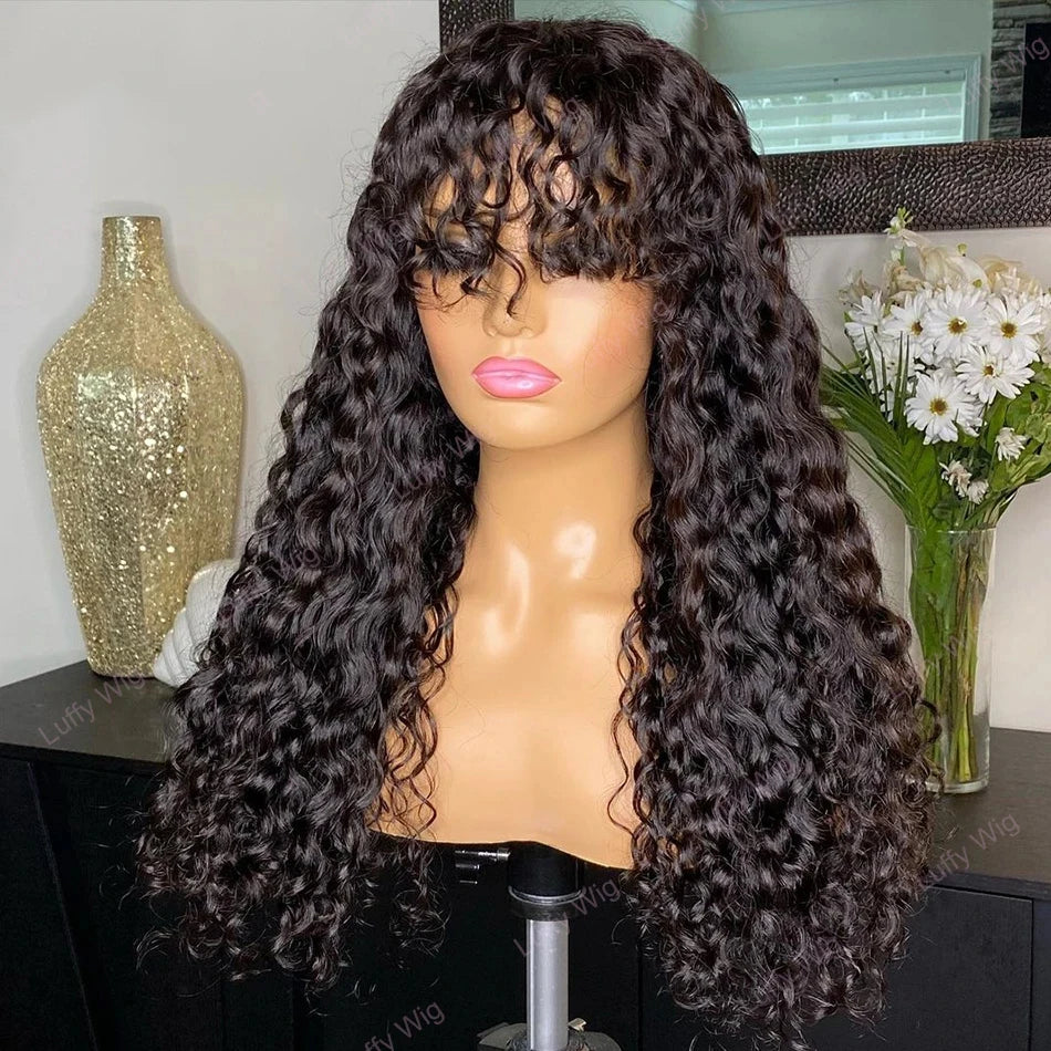 Long Water Wave Human Hair Wig with Bangs | Fully Machine-Made Glueless Malaysian Curly Style Wig | 100% Brazilian Remy Human Hair Fringe Wig for Women Luxegan
