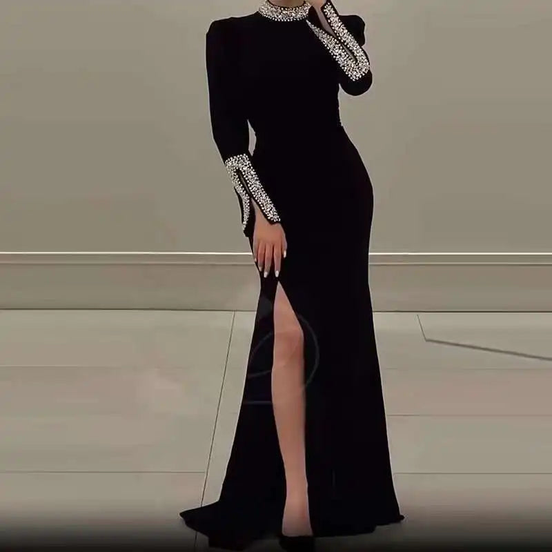 Elegant Solid High Slit Party Dress Temperament Long Sleeve Slim Evening Gala Dress Turtleneck Rhinestone Banquet Dress Women