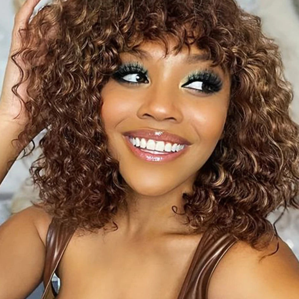 150% Density Peruvian Wet & Wavy Short Pixie Bob Wig with Bangs - Full Machine-Made Glueless Jerry Curly Tutu Wig - 100% Remy Human Hair Wear-and-Go Highlight Fringe Wig for Women (14-20 Inch) Luxegan