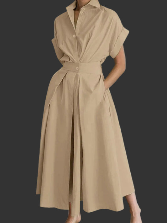 Button-Down Collar Midi Dress | Short Sleeve A-Line Office Sundress with Pockets Luxegan