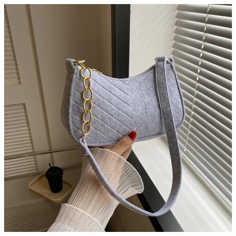 Fashion Felt Mini Shoulder Bag for Women | Design Advanced Crescent Saddle Underarm Handbag with Chain Detail Luxegan
