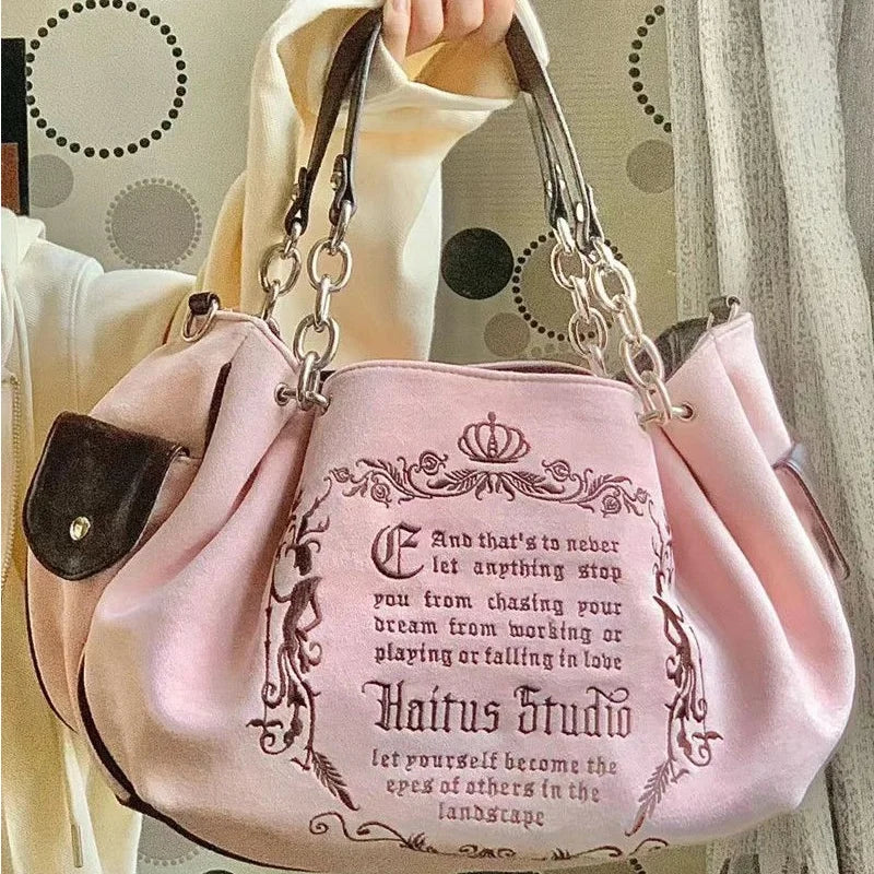 Y2K Pink Vintage Gothic Tote Bag | Aesthetic Grunge Large Capacity Travel Bag | Retro Ladies Embroidery Letter Shoulder Bag with Chain Strap | Fashionable Pink Cyber-Goth Handbag Luxegan