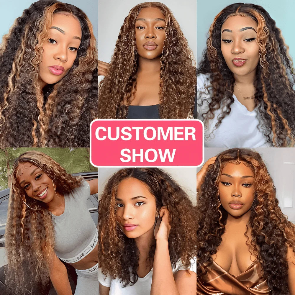 Honey Blonde Highlight Deep Wave HD Lace Wig | Sophisticated 13x6 & 13x4 Transparent Frontal | Elegant "Brazilian Remy" 26+ Inch Silhouette | "Dignified" Pre-Plucked Curly Human Hair for Radiant Versatile Styling Luxegan