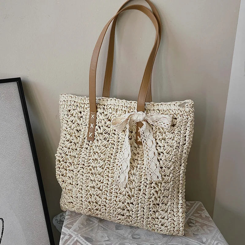 Square Hollow Straw Beach Bag | Handmade Woven Raffia Rattan Shopping Tote | Elegant Bohemian Summer Vacation Handbag | "Dignified" Hard-Shell Accessory for Casual Travel Styling Luxegan