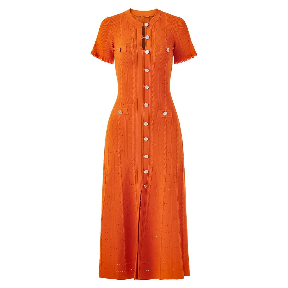 French Style Knitted Long Dress round Neck Hollow out Wooden Edge Skirt Elegant Autumn Luxury Women's Fashion One Piece Dress