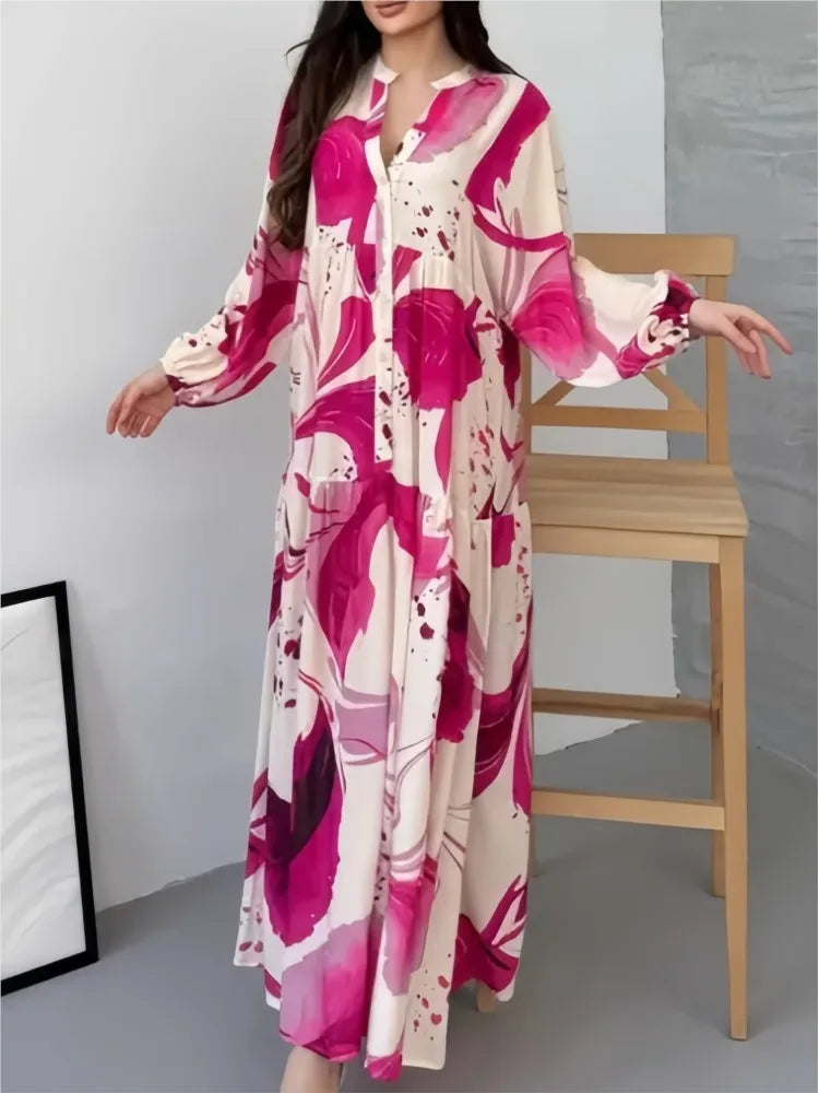 Women's Printed Loose Long Shirt Dress | Elegant Spliced Spring Autumn Long-Sleeved Gown | New Fashion Single-Breasted Office Lady Robe | Premium Tatting Slight Stretch A-Line Ankle-Length Dress Model SA-0725 Luxegan