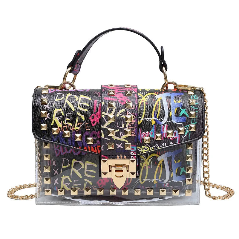 Brand Women's Studded Graffiti Crossbody Bags | Fashion Shoulder Bag for Ladies (Luxury Designer PVC Handbags & Messenger Satchel) Luxegan