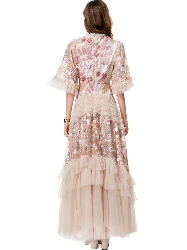 Sequin & Patchwork O-Neck Short Sleeve Regular Fit A-Line Ankle-Length Dress – Natural Waist, Cotton-Polyester, All Season Luxegan