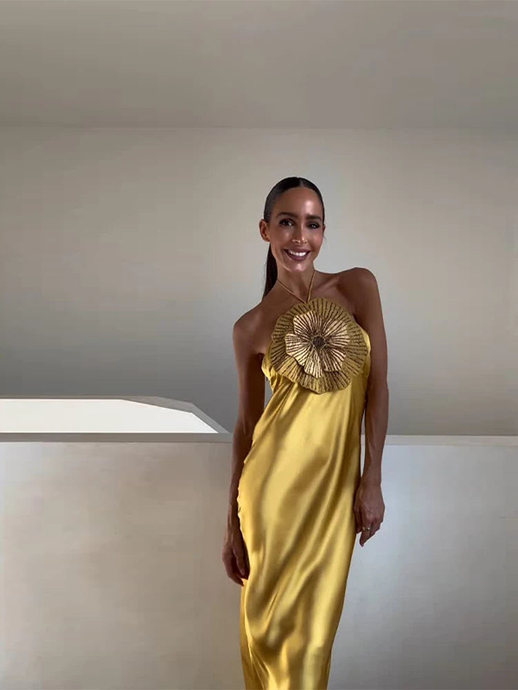 Elegant Party Women's Dress 3D Flower Halter Sleeveless Backless Mermaid Satin Female Dresses 2026 Summer Chic Evening Lady Robe